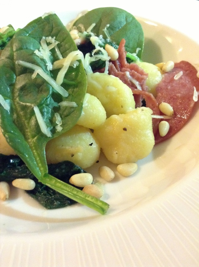 Gnocchi, spinach and salami